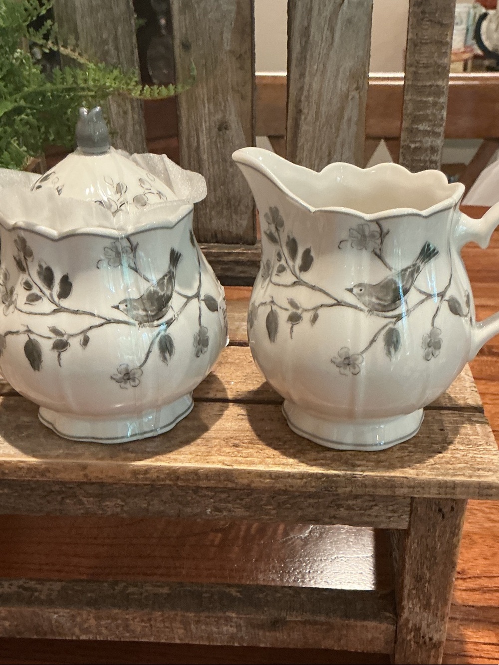 Gray Bird and Branch Cream and Sugar Set